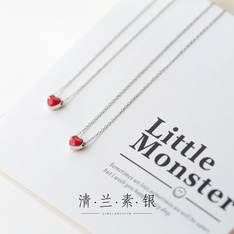 Silver Red Heart Pendant Long Chain Necklace For Women