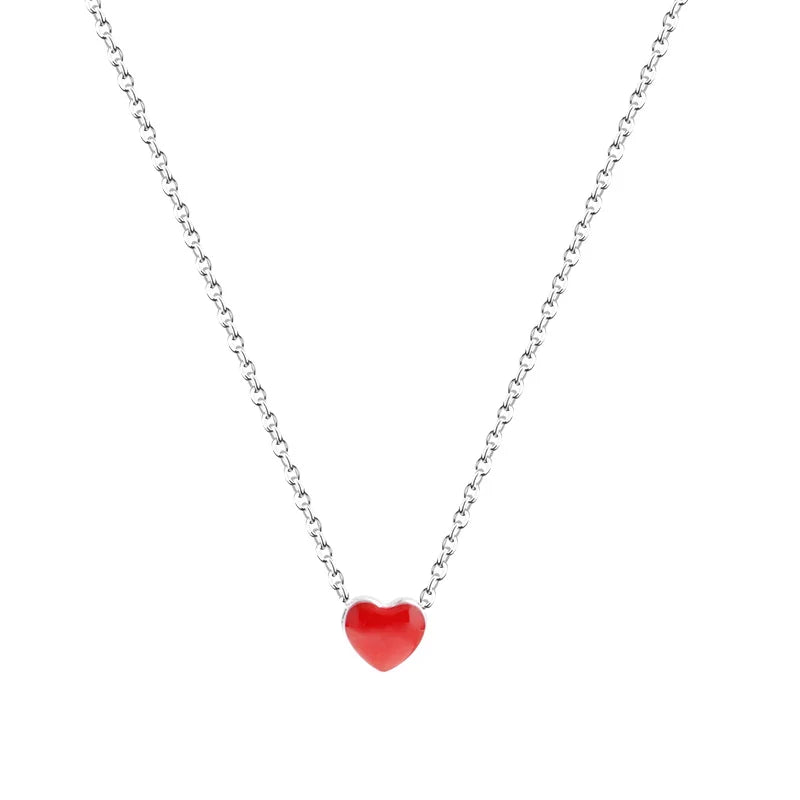 Silver Red Heart Pendant Long Chain Necklace For Women