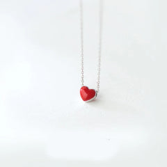 Silver Red Heart Pendant Long Chain Necklace For Women