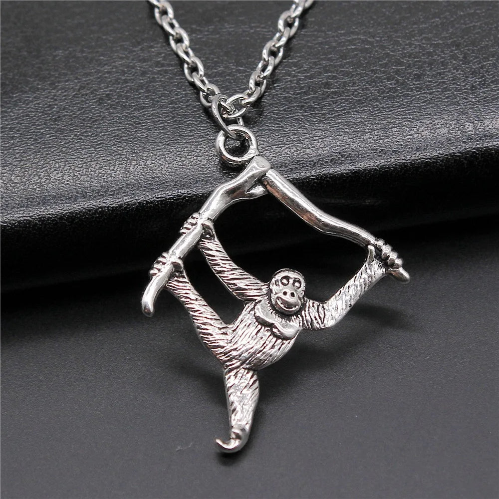 Vintage Antique Silver Orangutan Monkey Pendant Necklace for Women Men