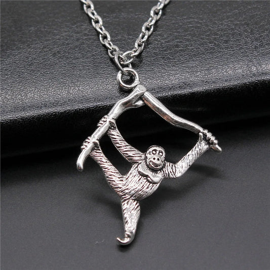 Vintage Antique Silver Orangutan Monkey Pendant Necklace for Women Men