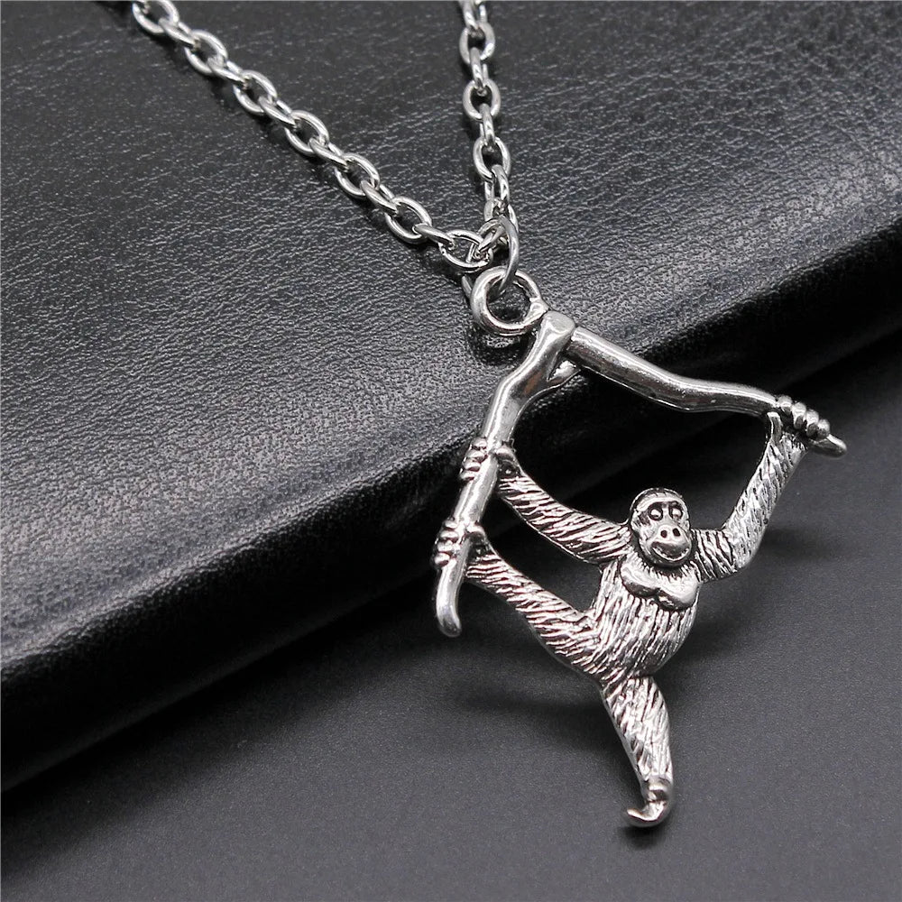 Vintage Antique Silver Orangutan Monkey Pendant Necklace for Women Men