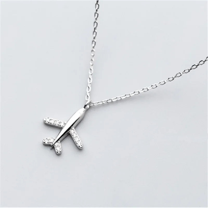 925 Silver CZ Airplane Pendant Necklace for Women