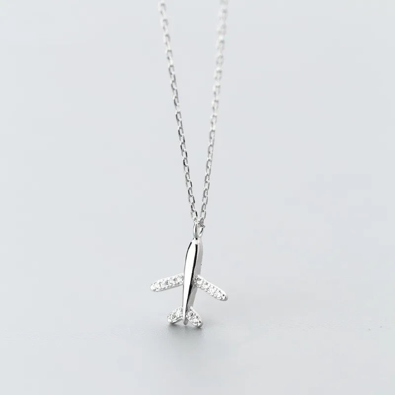 925 Silver CZ Airplane Pendant Necklace for Women