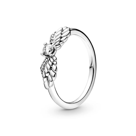 925 Sterling Silver Angel Wings Ring with Sparkling Crystal for Women
