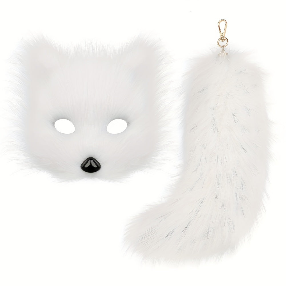 Plush Fox Mask Set with Tail Keychain - Animal Themed Accessories for Halloween