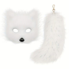 Plush Fox Mask Set with Tail Keychain - Animal Themed Accessories for Halloween