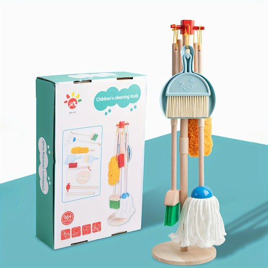 Wooden Pretend Cleaning Set for Kids Housework Toy Kit with Broom and Mop