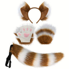 Anime Fox Ear Headband Fluffy Tail & Paw Gloves Set Faux Fur Costume