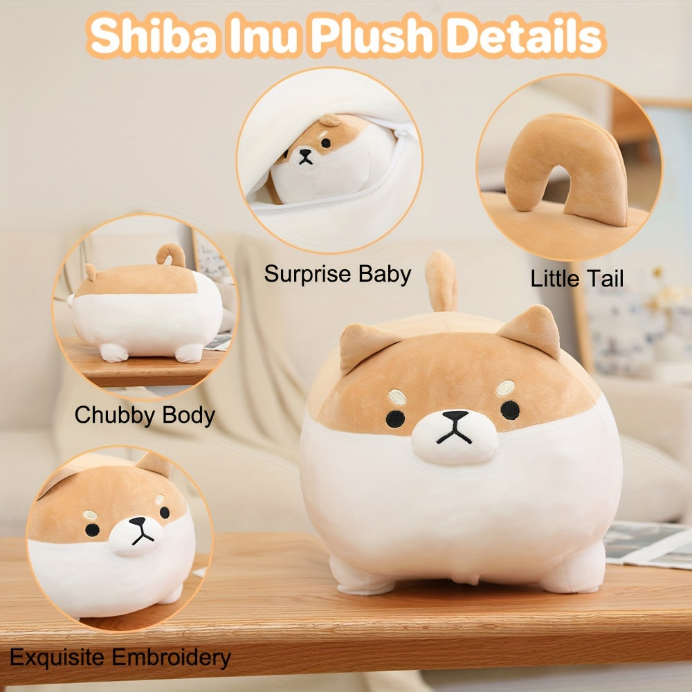 16" Shiba Inu Plush Toy with 4 Babies in Tummy, Soft Cuddly Stuffed Animal