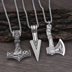 Men's Viking Necklace Hammer Compass Knot Wolf Axe Pendant