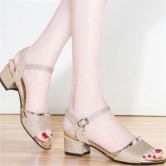 Glitter Sequins Block Heel Sandals Peep Toe Rhinestone Buckle Strap Low Heels