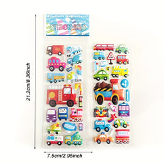 8pcs 3D Construction Vehicle Stickers - Cartoon Trucks & Fire Trucks