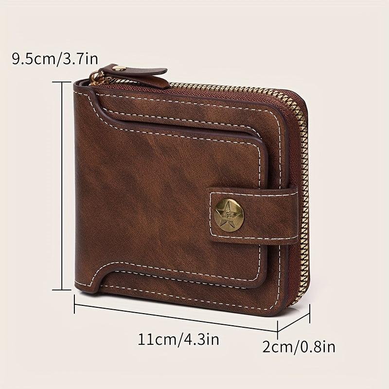 Men's PU Button Decor Zipper Credit Card Holder Bifold Wallet
