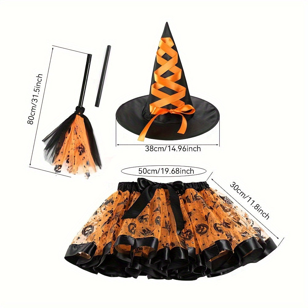 Witch Halloween Costume Set 3pcs Tutu Skirt Hat & Broom Spooky Prints