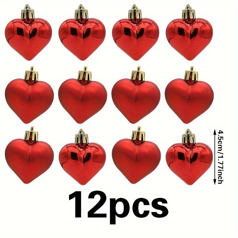 12pcs Red Heart Shaped Ornaments for Whimsical Christmas Tree Decor