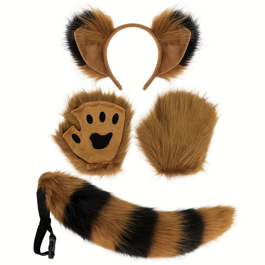 Anime Fox Ear Headband Fluffy Tail & Paw Gloves Set Faux Fur Costume