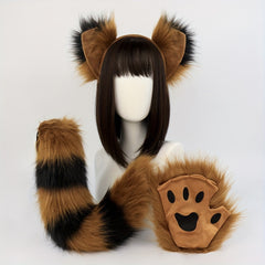 Anime Fox Ear Headband Fluffy Tail & Paw Gloves Set Faux Fur Costume