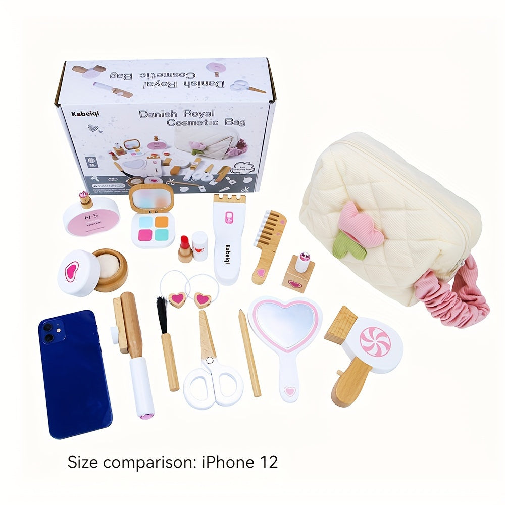 Wooden Pretend Play Makeup Set for Girls Kit with Realistic Cosmetics
