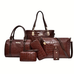 6 Pc Crocodile Pattern Bag Set Women's Shoulder Tote Handbag