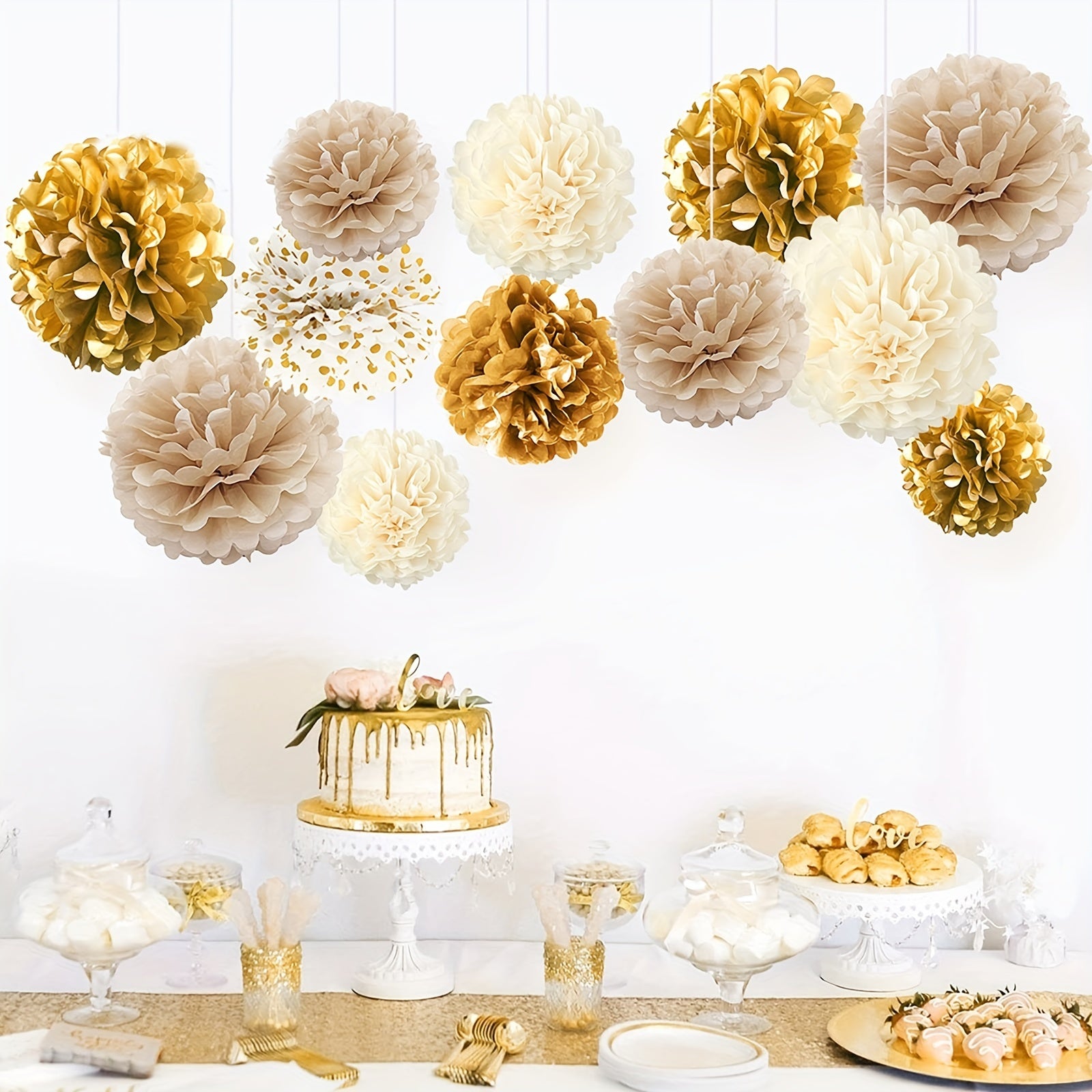12pcs Golden Champagne Tissue Pom Poms - Elegant Party Decor