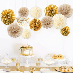 12pcs Golden Champagne Tissue Pom Poms - Elegant Party Decor