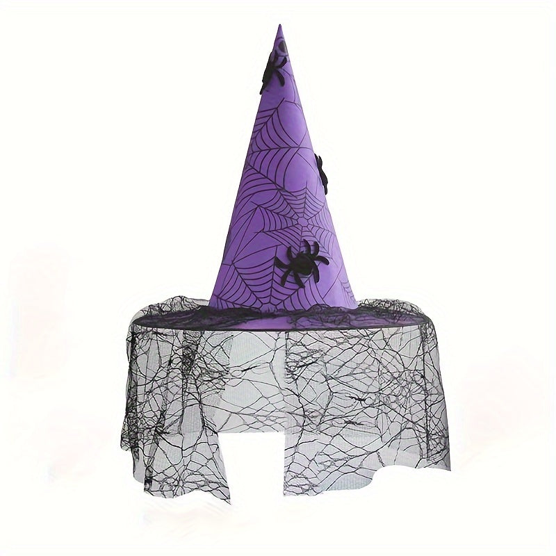 Funky Witch Hat w/ Spider Web Veil for Costume Party