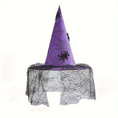Funky Witch Hat w/ Spider Web Veil for Costume Party