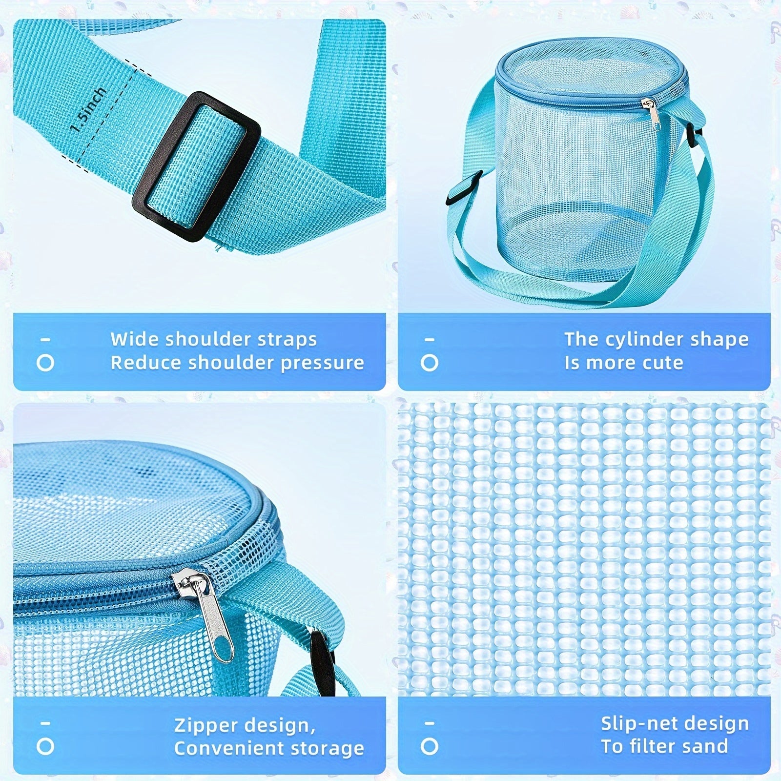 4pcs Beach Toys Mesh Bag Shell Collecting Adjustable Straps Zipper Sand Party Ac