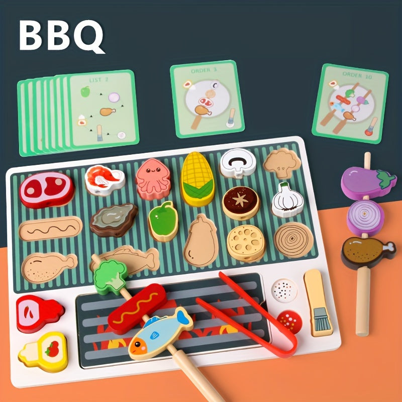 Wooden BBQ Grill Playset for Kids Pretend Play Barbecue Food Toys