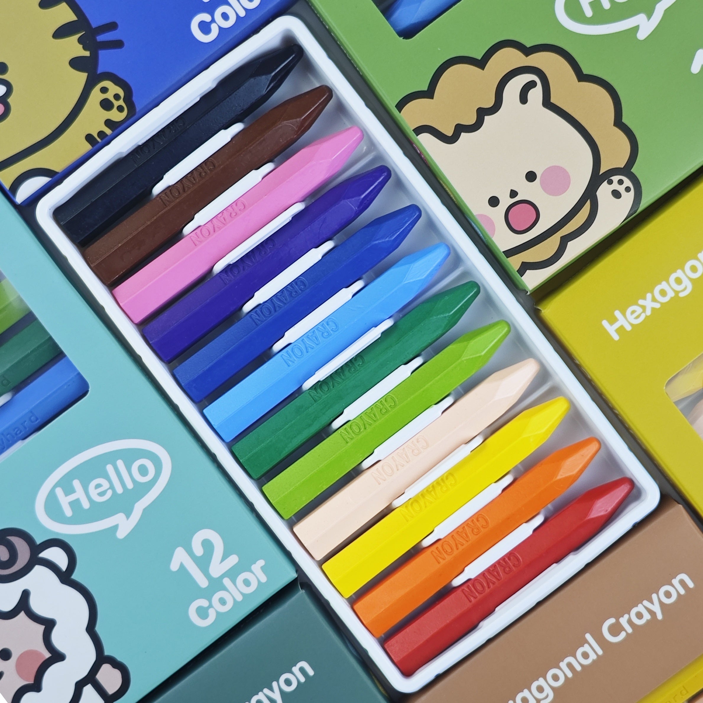 12 Colors Study Hard Hex Crayons Set Washable Non Toxic Art Supplies