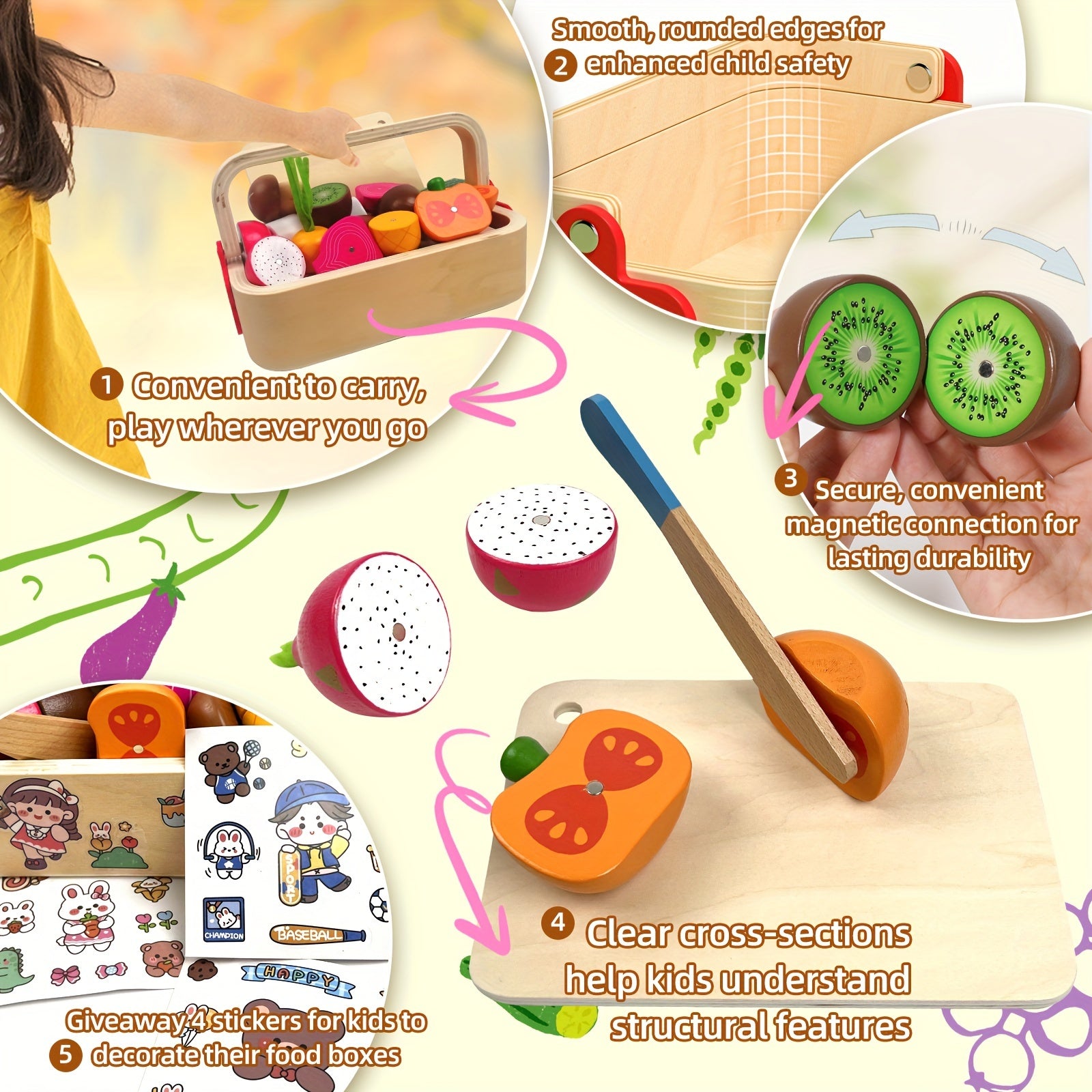 Magnetic Wooden Food Toy Set With Basket