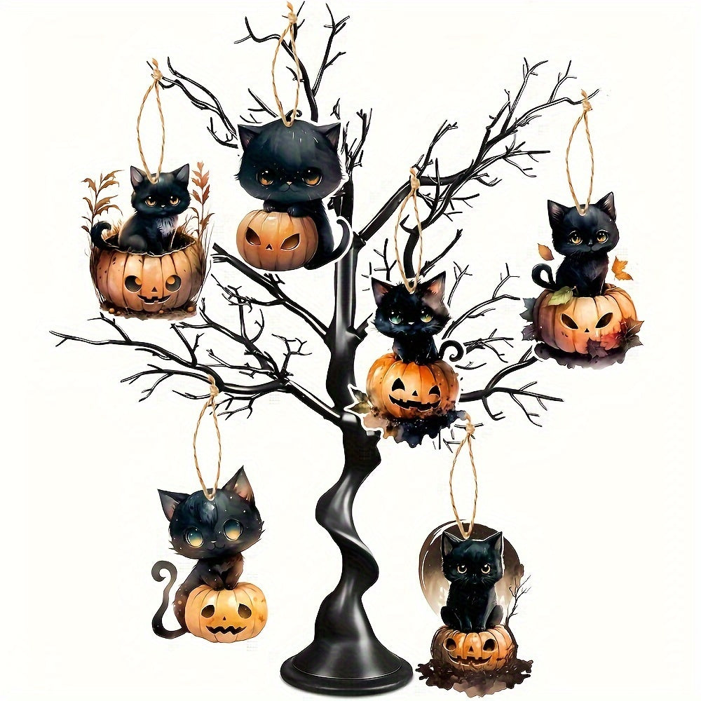 6pcs Halloween Cat & Pumpkin Tree Ornaments Hanging Decorations