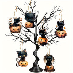 6pcs Halloween Cat & Pumpkin Tree Ornaments Hanging Decorations