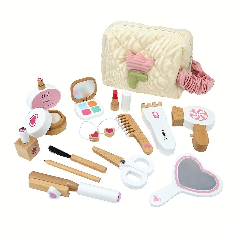Wooden Pretend Play Makeup Set for Girls Kit with Realistic Cosmetics