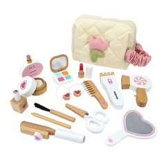 Wooden Pretend Play Makeup Set for Girls Kit with Realistic Cosmetics