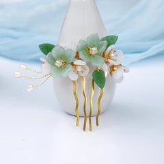 Green Glass Flowers Leaves Crystal Hair Comb Headwear