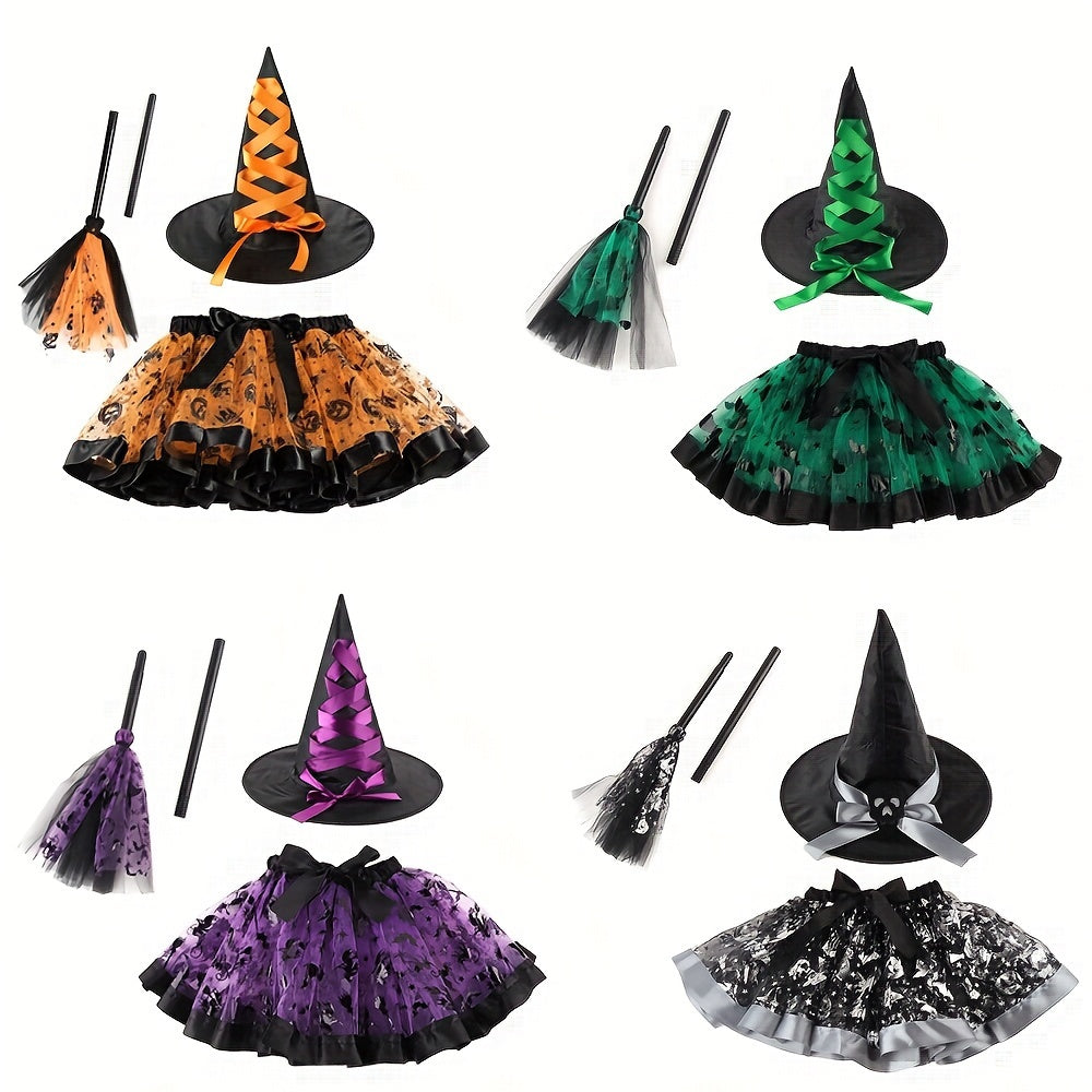 Witch Halloween Costume Set 3pcs Tutu Skirt Hat & Broom Spooky Prints