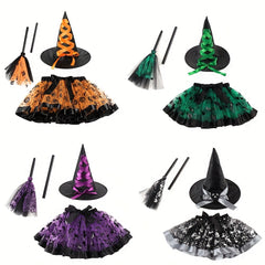 Witch Halloween Costume Set 3pcs Tutu Skirt Hat & Broom Spooky Prints