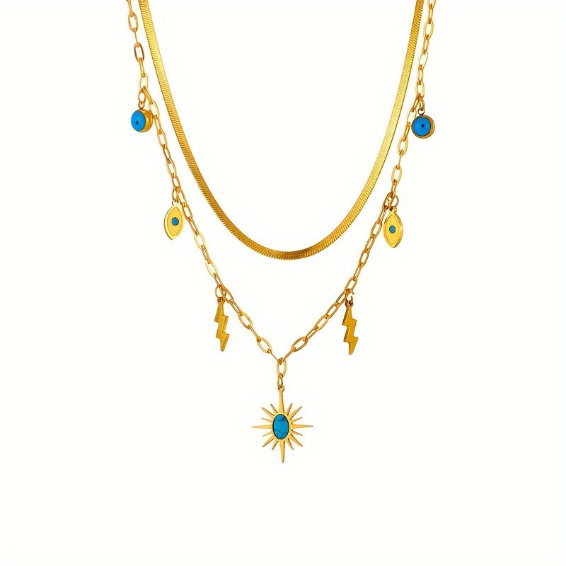 Stainless Steel Double Layered Necklace With Sunshine Lightning Pendant