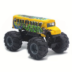 Alloy Monster Truck School Bus Toy Pull Back Action Big Wheels Durable Plastic