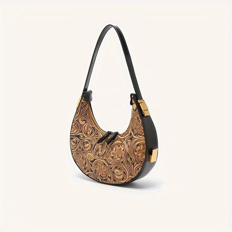 Vintage Crescent Flower Embossed Shoulder Bag Retro Hobo Underarm Purse