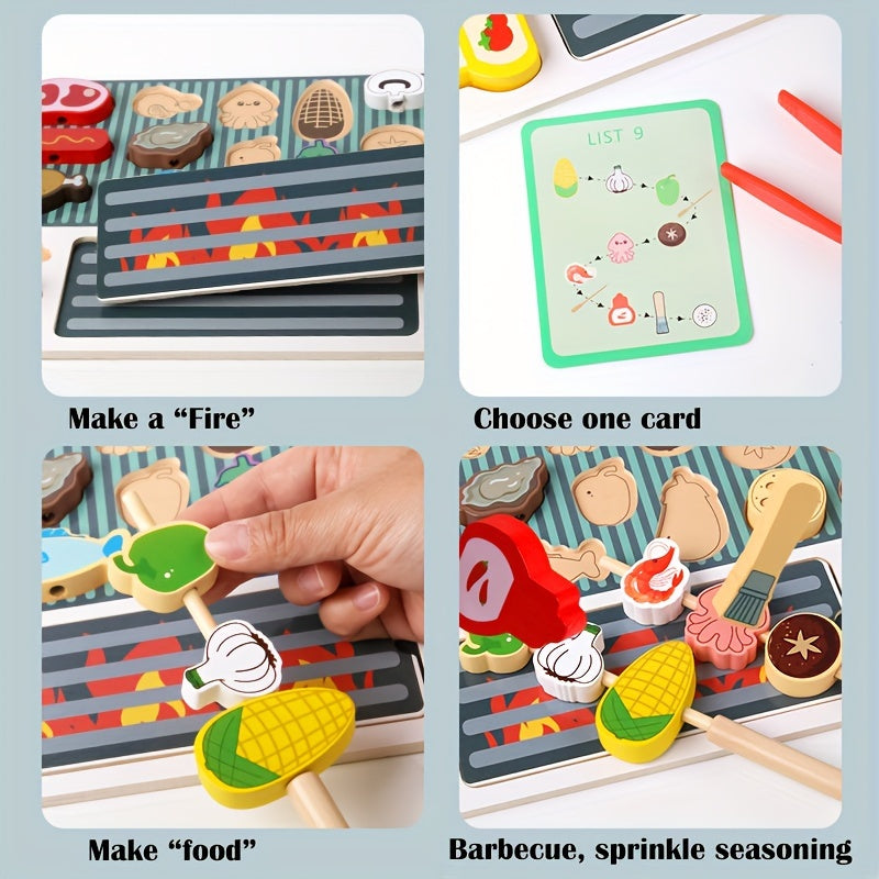 Wooden BBQ Grill Playset for Kids Pretend Play Barbecue Food Toys