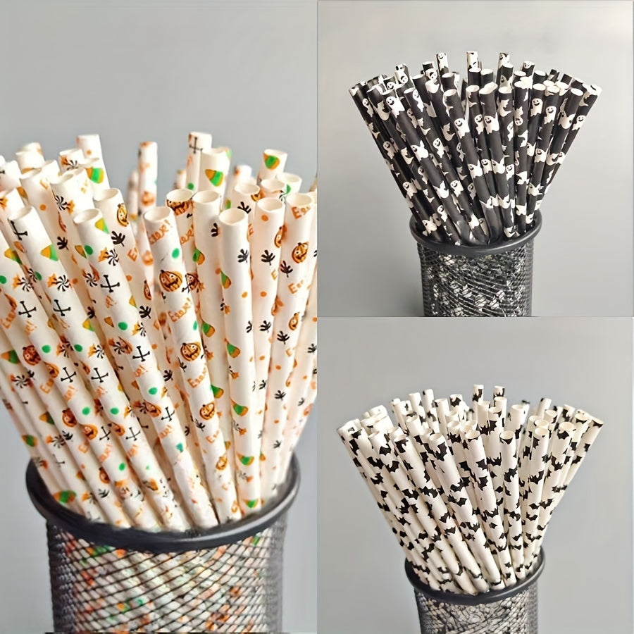 100pcs Halloween Paper Straws Biodegradable Party Straws with Designs