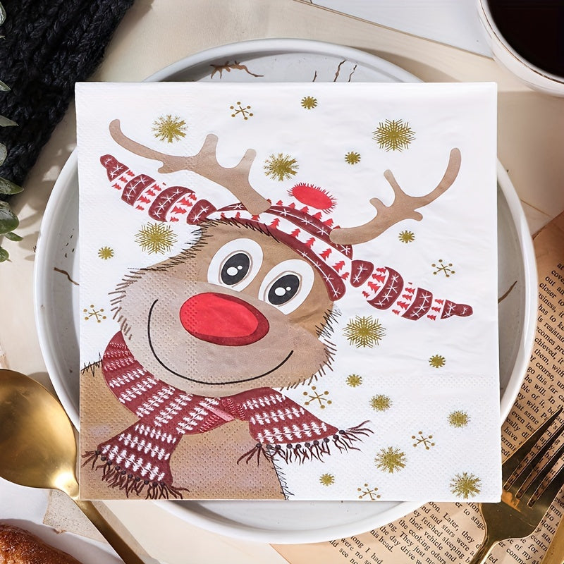 20pcs Christmas Reindeer Napkins 2 Ply Holiday Dinner & Party Decor Green