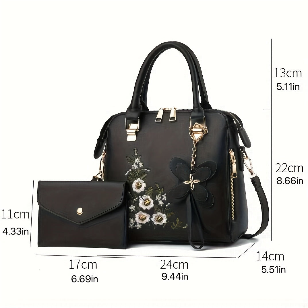 Women's Floral Embroidered Handbag Set with Clutch