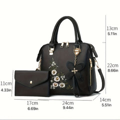Women's Floral Embroidered Handbag Set with Clutch