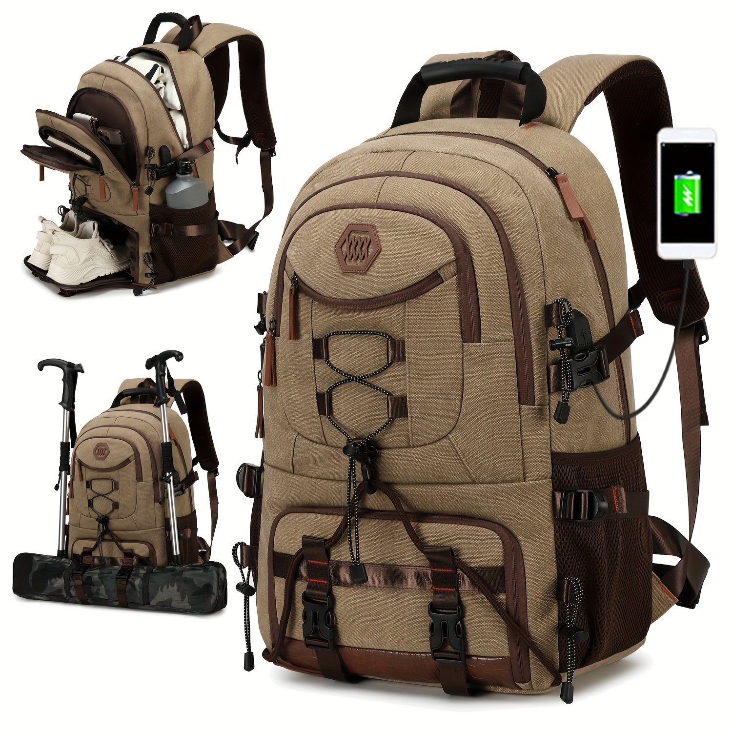 Large Capacity Hiking Backpack with Shoe Compartment and Laptop Sleeve