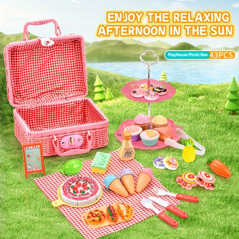 43PCS Picnic Basket Toy Set with Play Food & Cake Educational Kitchen Playset
