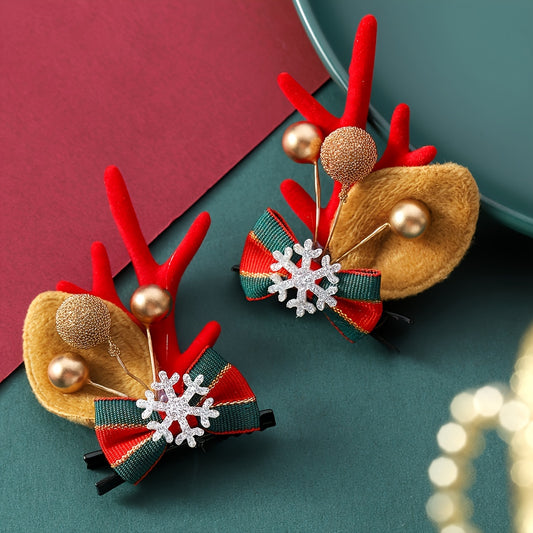 2pcs Christmas Hair Clips with Antlers & Snowflake Bow
